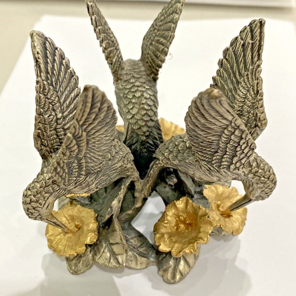 Blue Glass Crystal Ball Paperweight Silver & Gold Metal Hummingbird Orb Holder - Picture 8 of 10